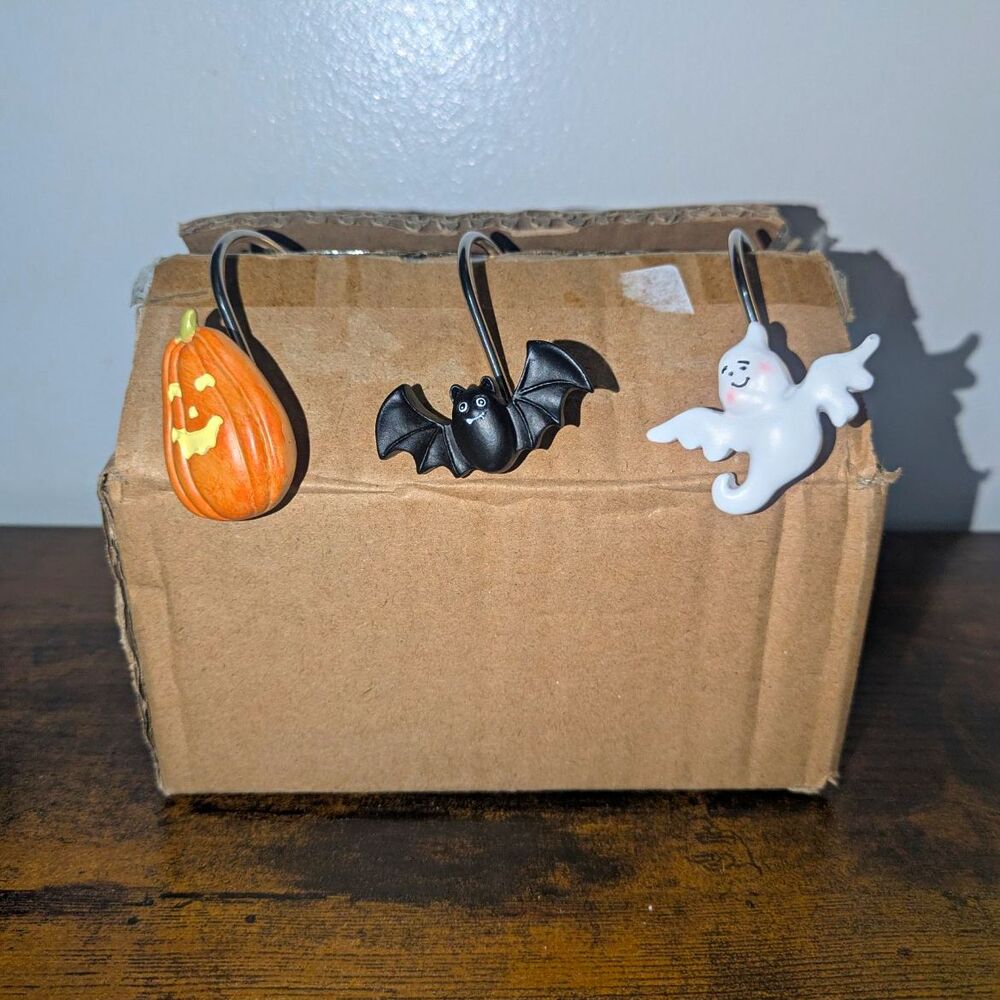 Halloween Shower Curtain Hooks 12-Pack Pumpkin Bat Ghost (4 Of Each)